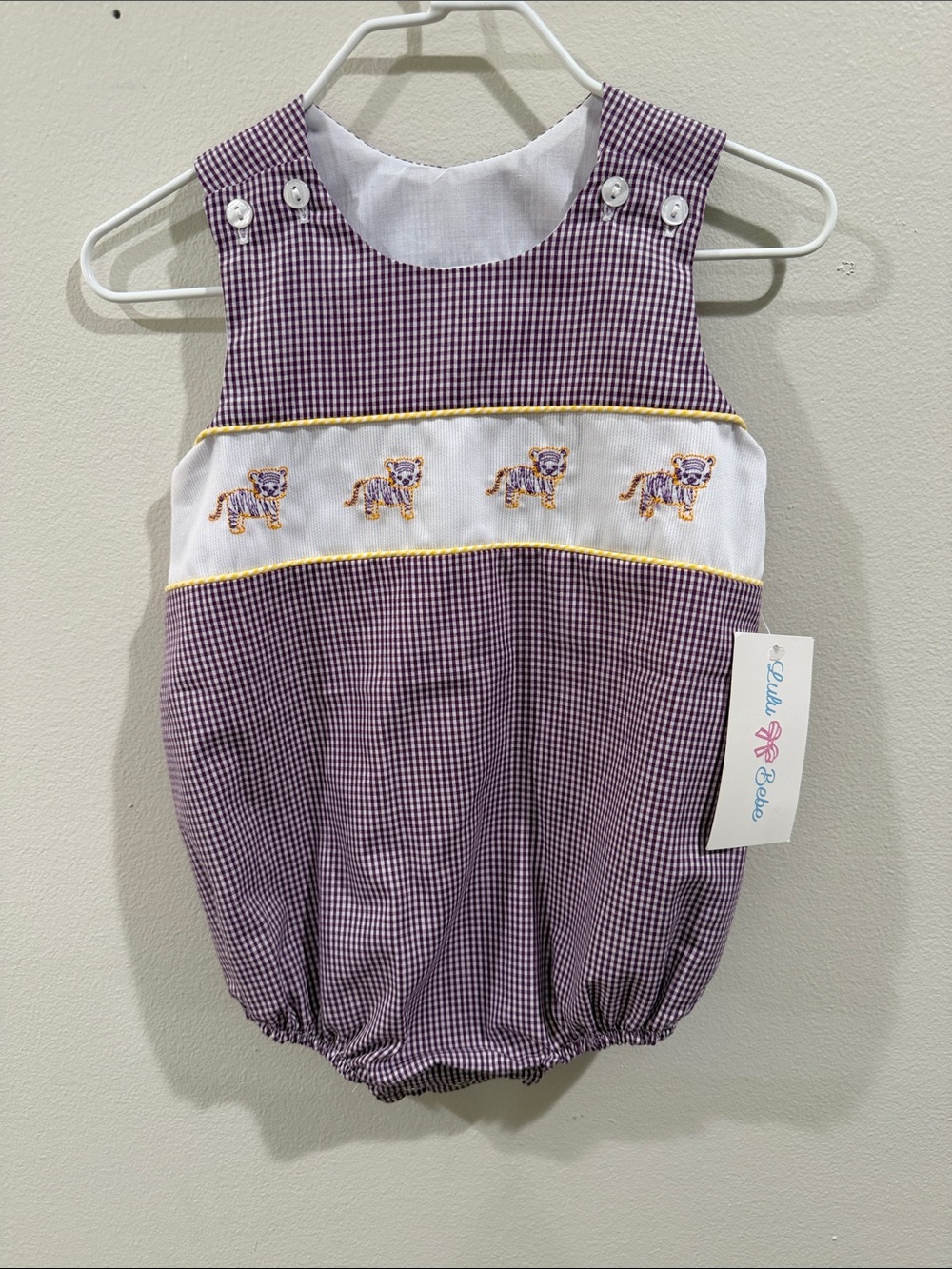 Lulu Bebe Purple Gingham Tiger Smocked Baby Bubble